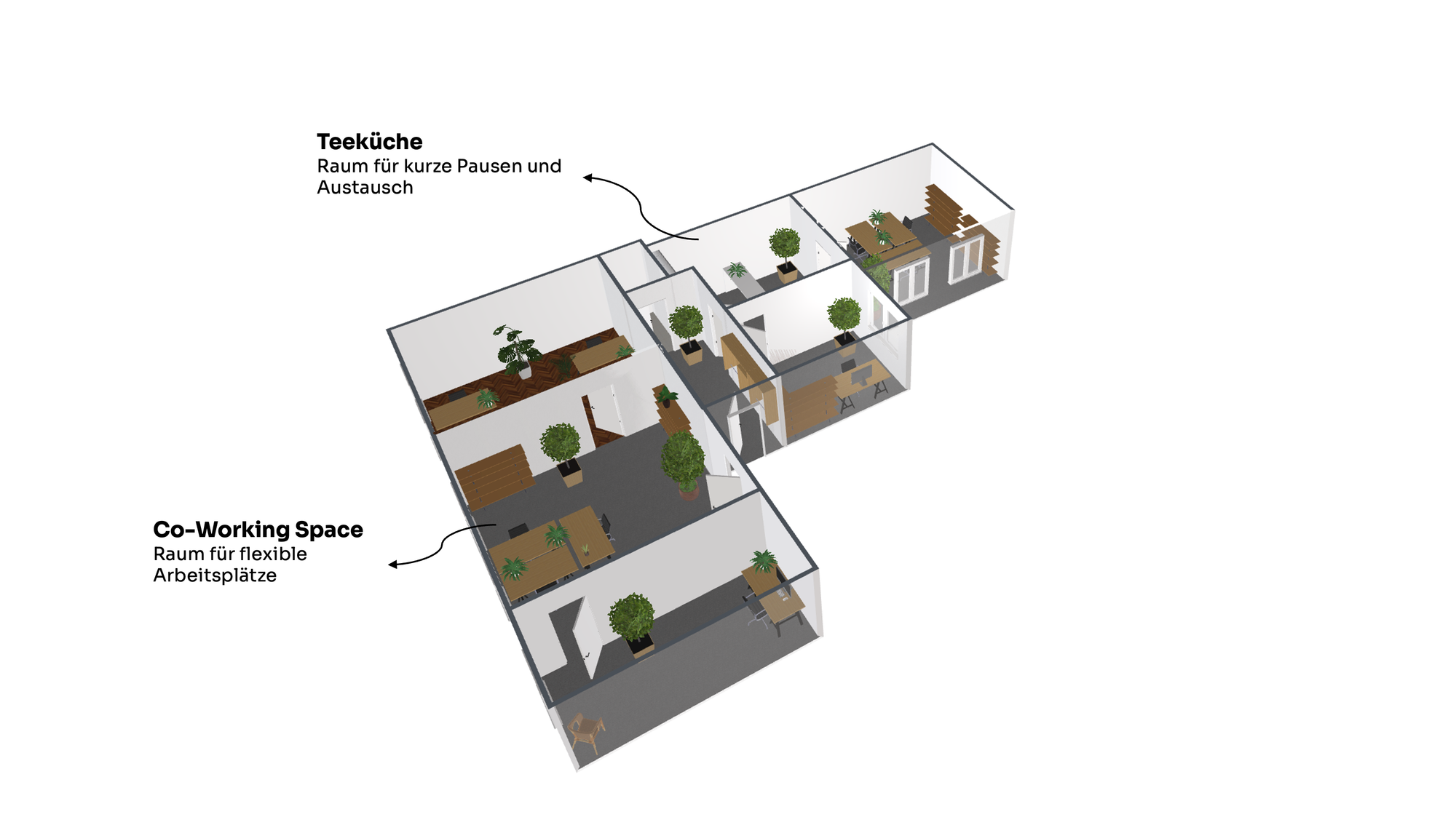 Grundriss Obergeschoss: Co-Working Space mit flexiblen Arbeitsplätzen, Teeküche für kurze Pausen und Austausch